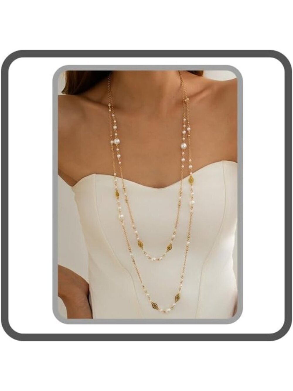 Women's Gold Metal Layered Pearl Statement Sweater Long Pearl Necklaces